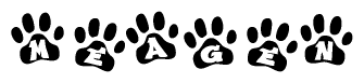 The image shows a series of animal paw prints arranged in a horizontal line. Each paw print contains a letter, and together they spell out the word Meagen.