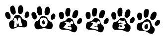 The image shows a series of animal paw prints arranged horizontally. Within each paw print, there's a letter; together they spell Moee30