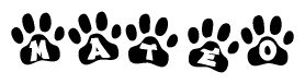 The image shows a series of animal paw prints arranged horizontally. Within each paw print, there's a letter; together they spell Mateo