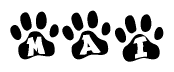 The image shows a series of animal paw prints arranged in a horizontal line. Each paw print contains a letter, and together they spell out the word Mai.