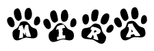 The image shows a series of animal paw prints arranged horizontally. Within each paw print, there's a letter; together they spell Mira