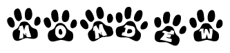 The image shows a series of animal paw prints arranged in a horizontal line. Each paw print contains a letter, and together they spell out the word Momdew.