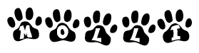 The image shows a series of animal paw prints arranged horizontally. Within each paw print, there's a letter; together they spell Molli
