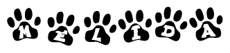 The image shows a series of animal paw prints arranged horizontally. Within each paw print, there's a letter; together they spell Melida