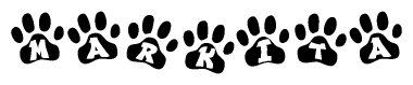 The image shows a row of animal paw prints, each containing a letter. The letters spell out the word Markita within the paw prints.