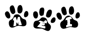 The image shows a row of animal paw prints, each containing a letter. The letters spell out the word Mei within the paw prints.