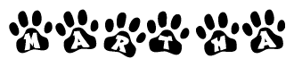 The image shows a series of animal paw prints arranged in a horizontal line. Each paw print contains a letter, and together they spell out the word Martha.