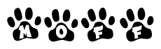 The image shows a series of animal paw prints arranged horizontally. Within each paw print, there's a letter; together they spell Moff
