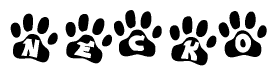 The image shows a series of animal paw prints arranged horizontally. Within each paw print, there's a letter; together they spell Necko