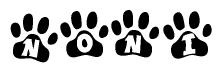 The image shows a series of animal paw prints arranged horizontally. Within each paw print, there's a letter; together they spell Noni