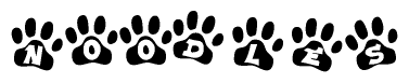 The image shows a series of animal paw prints arranged horizontally. Within each paw print, there's a letter; together they spell Noodles