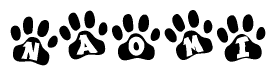 The image shows a series of animal paw prints arranged horizontally. Within each paw print, there's a letter; together they spell Naomi