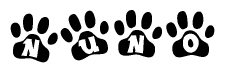 The image shows a row of animal paw prints, each containing a letter. The letters spell out the word Nuno within the paw prints.