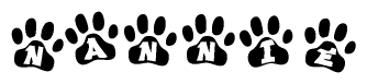 The image shows a row of animal paw prints, each containing a letter. The letters spell out the word Nannie within the paw prints.