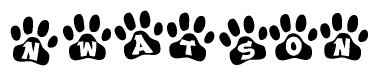 The image shows a series of animal paw prints arranged horizontally. Within each paw print, there's a letter; together they spell Nwatson