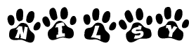 The image shows a row of animal paw prints, each containing a letter. The letters spell out the word Nilsy within the paw prints.