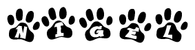 The image shows a series of animal paw prints arranged in a horizontal line. Each paw print contains a letter, and together they spell out the word Nigel.