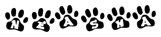 The image shows a series of animal paw prints arranged horizontally. Within each paw print, there's a letter; together they spell Neasha