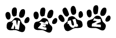 The image shows a series of animal paw prints arranged horizontally. Within each paw print, there's a letter; together they spell Neuz