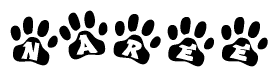The image shows a series of animal paw prints arranged in a horizontal line. Each paw print contains a letter, and together they spell out the word Naree.