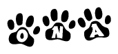 The image shows a series of animal paw prints arranged in a horizontal line. Each paw print contains a letter, and together they spell out the word Ona.