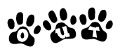 The image shows a row of animal paw prints, each containing a letter. The letters spell out the word Out within the paw prints.
