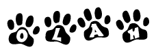 The image shows a row of animal paw prints, each containing a letter. The letters spell out the word Olah within the paw prints.
