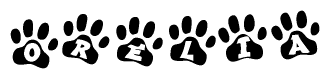 The image shows a series of animal paw prints arranged horizontally. Within each paw print, there's a letter; together they spell Orelia