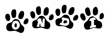 The image shows a series of animal paw prints arranged in a horizontal line. Each paw print contains a letter, and together they spell out the word Ondi.