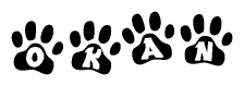 The image shows a series of animal paw prints arranged horizontally. Within each paw print, there's a letter; together they spell Okan