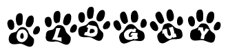 The image shows a row of animal paw prints, each containing a letter. The letters spell out the word Oldguy within the paw prints.