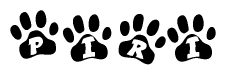 The image shows a series of animal paw prints arranged horizontally. Within each paw print, there's a letter; together they spell Piri