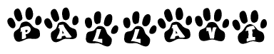 The image shows a row of animal paw prints, each containing a letter. The letters spell out the word Pallavi within the paw prints.