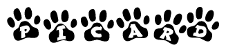 The image shows a series of animal paw prints arranged horizontally. Within each paw print, there's a letter; together they spell Picard