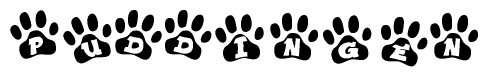 The image shows a row of animal paw prints, each containing a letter. The letters spell out the word Puddingen within the paw prints.