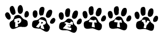 The image shows a row of animal paw prints, each containing a letter. The letters spell out the word Pretty within the paw prints.