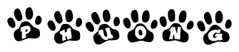 The image shows a series of animal paw prints arranged in a horizontal line. Each paw print contains a letter, and together they spell out the word Phuong.