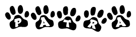 The image shows a series of animal paw prints arranged horizontally. Within each paw print, there's a letter; together they spell Patra