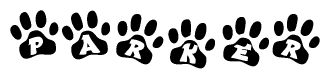The image shows a series of animal paw prints arranged horizontally. Within each paw print, there's a letter; together they spell Parker