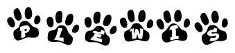 The image shows a series of animal paw prints arranged in a horizontal line. Each paw print contains a letter, and together they spell out the word Plewis.