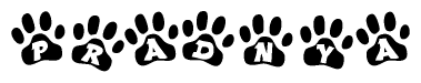 The image shows a row of animal paw prints, each containing a letter. The letters spell out the word Pradnya within the paw prints.