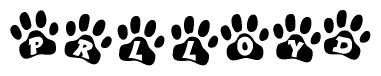 The image shows a series of animal paw prints arranged in a horizontal line. Each paw print contains a letter, and together they spell out the word Prlloyd.