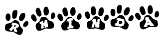The image shows a row of animal paw prints, each containing a letter. The letters spell out the word Rhinda within the paw prints.