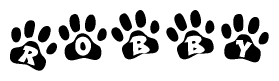 The image shows a series of animal paw prints arranged horizontally. Within each paw print, there's a letter; together they spell Robby
