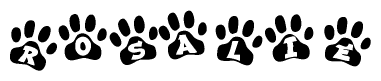 The image shows a series of animal paw prints arranged horizontally. Within each paw print, there's a letter; together they spell Rosalie