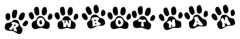 The image shows a series of animal paw prints arranged in a horizontal line. Each paw print contains a letter, and together they spell out the word Rowbotham.