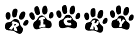 The image shows a row of animal paw prints, each containing a letter. The letters spell out the word Ricky within the paw prints.