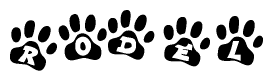 The image shows a series of animal paw prints arranged in a horizontal line. Each paw print contains a letter, and together they spell out the word Rodel.