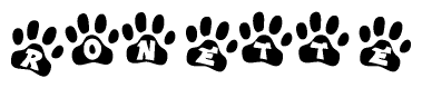 The image shows a series of animal paw prints arranged in a horizontal line. Each paw print contains a letter, and together they spell out the word Ronette.