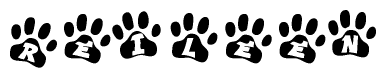 The image shows a series of animal paw prints arranged in a horizontal line. Each paw print contains a letter, and together they spell out the word Reileen.